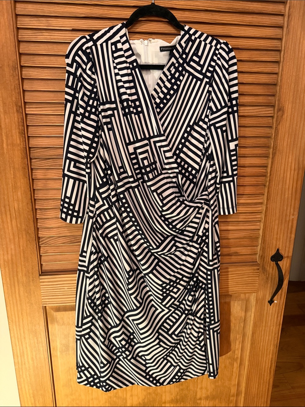Preston & York Black and White Geometric Wrap-Style Midi Dress